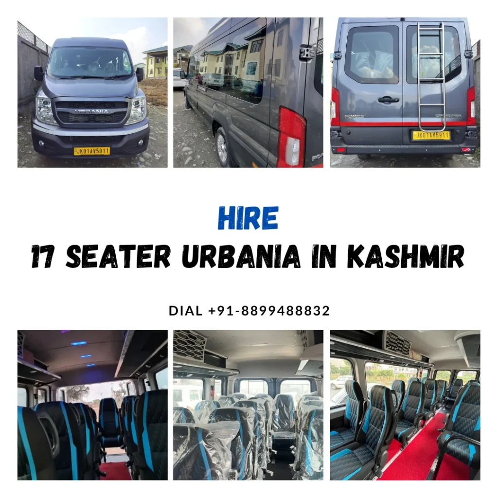 17 seater urbania tempo in kashmir , book online 17 seater urbania tempo in kashmir. 17 seater urbania tempo for kashmir tour. Pre-book 17 seater urbania tempo in kashmir